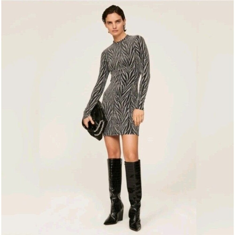 All Saints Long Sleeve BodyconShimmer Mini Dress Size 6 Black Metallic Club Wear